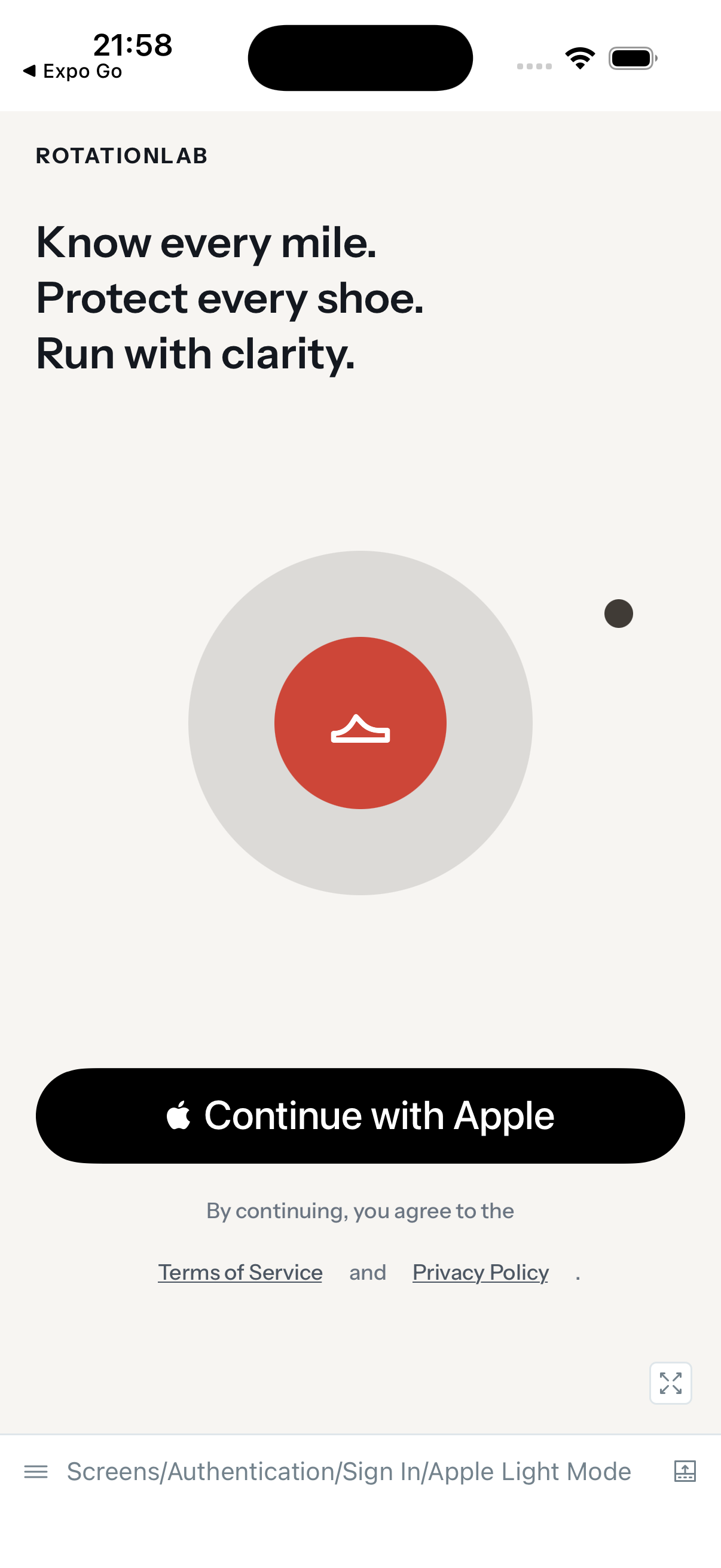RotationLab sign-in screen with a shoe icon and a Continue with Apple button.